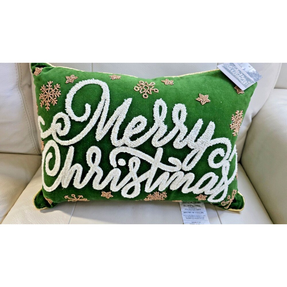 Casa Urban Green Merry Christmas Decorative Lumbar Pillow 12x18” Embellished New